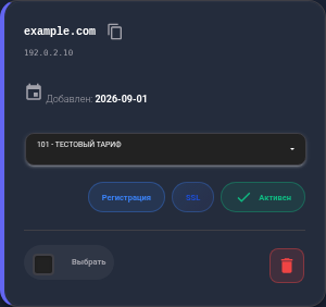 В мобильной карточке домена example.com указан выбранный тариф.