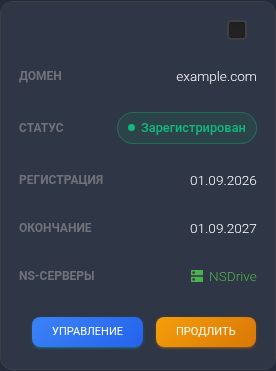 В мобильной карточке у регистратора видны домен example.com, статус регистрации и срок окончания.