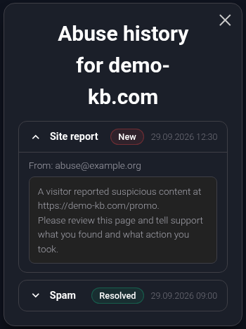 Abuse history for demo-kb.com: an expanded new report with its date, sender and message. A separate resolved report does not increase the new-report count.