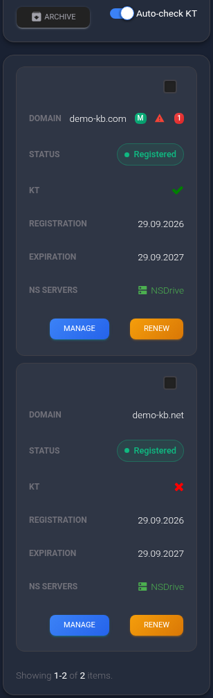 Two registered domains have different KT results. demo-kb.com also has an M monitoring record and one new abuse report; these are separate indicators.