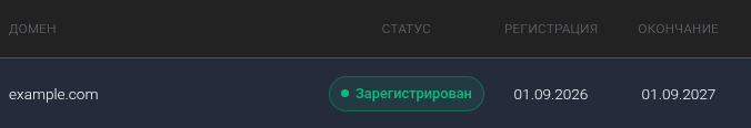 У домена у регистратора указаны имя, статус регистрации и срок окончания.