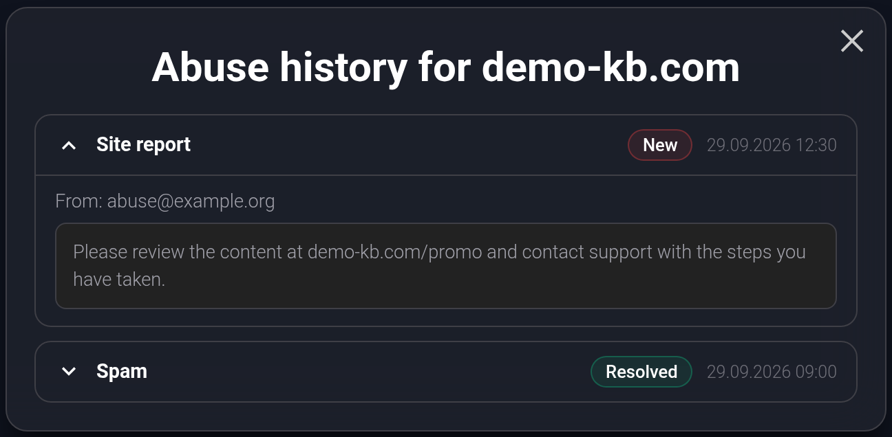 Abuse history for demo-kb.com: an expanded new report with its date, sender and message. A separate resolved report does not increase the new-report count.