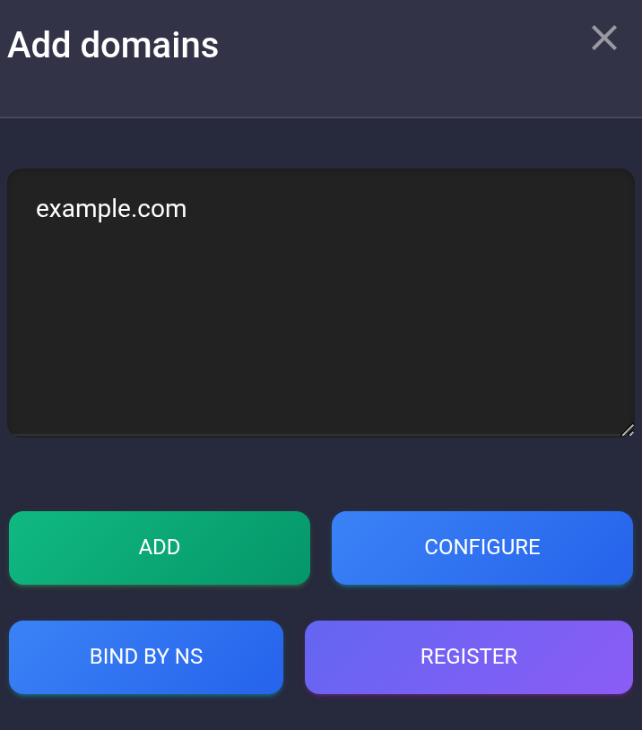 Enter example.com without a protocol or path. Use Add for this guide.
