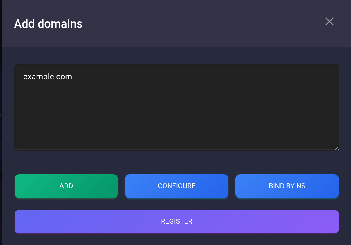 Enter example.com without a protocol or path. Use Add for this guide.