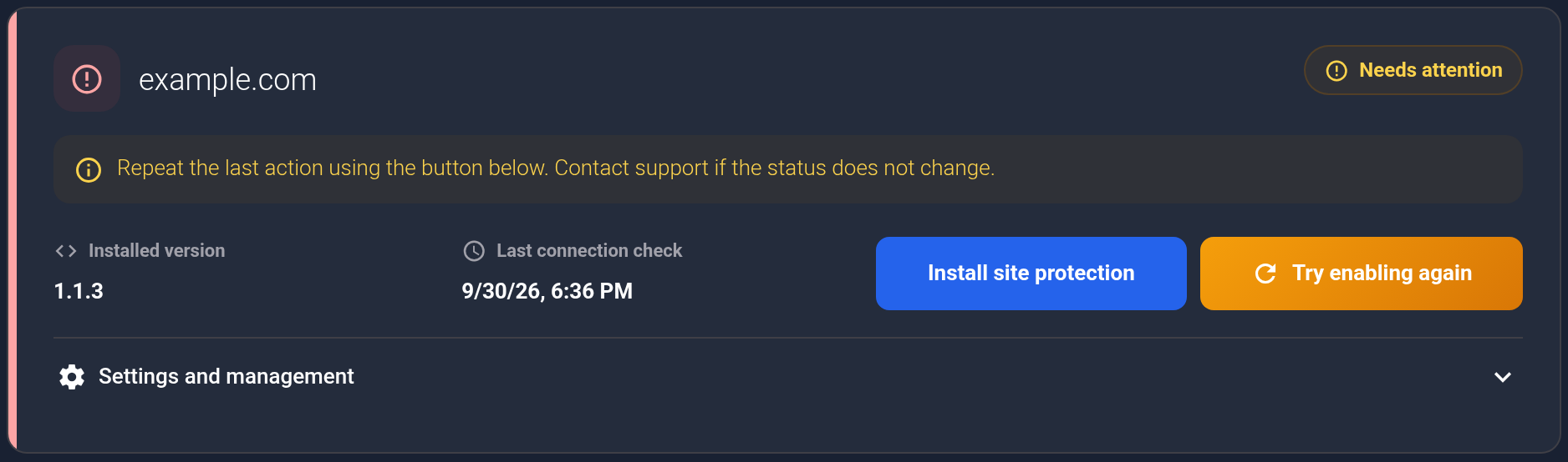 example.com card: Needs attention and Try enabling again