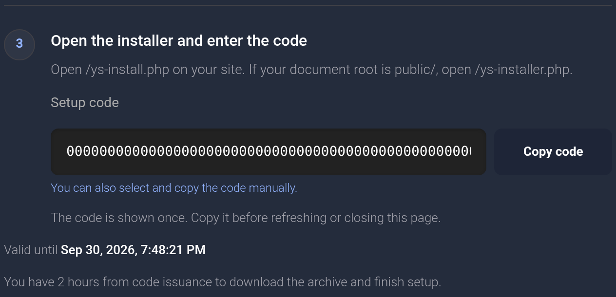 Example code, Copy code and expiry time