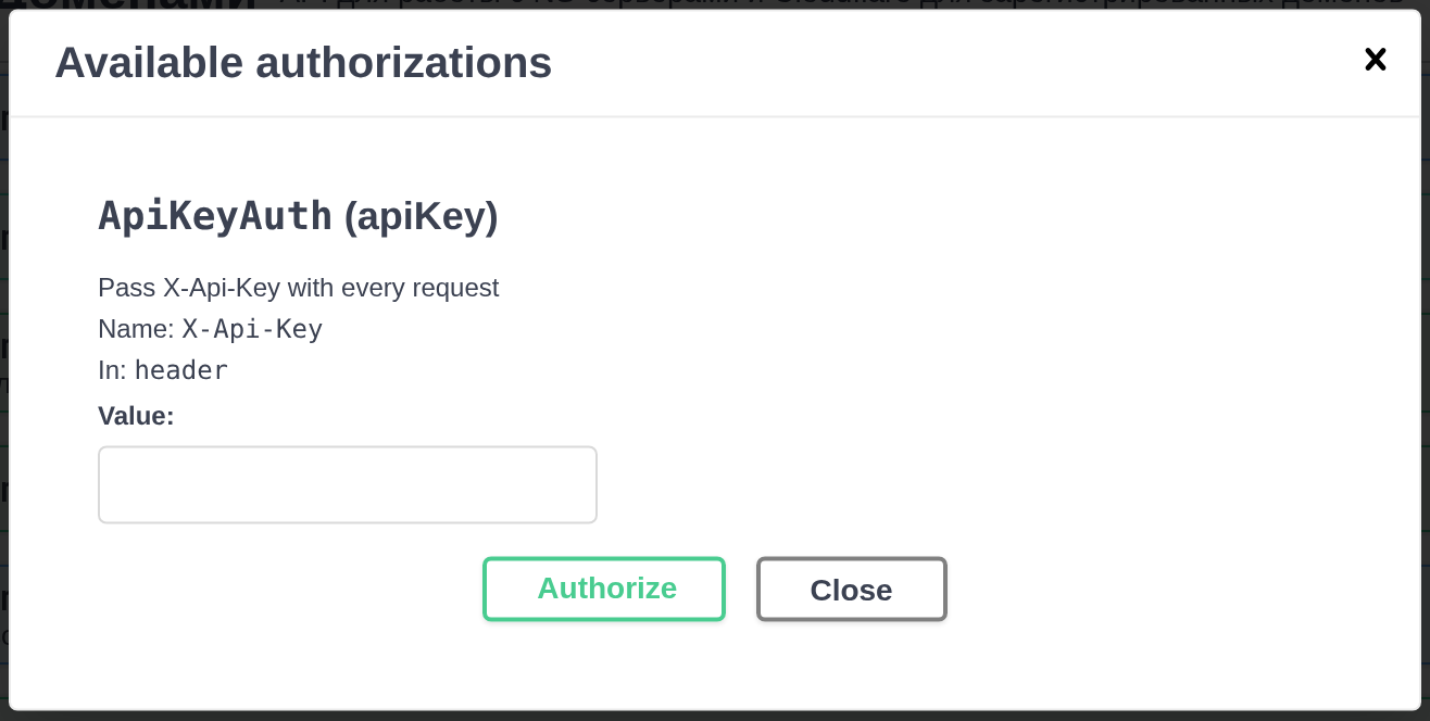Swagger authentication details: X-Api-Key in a header, value left empty