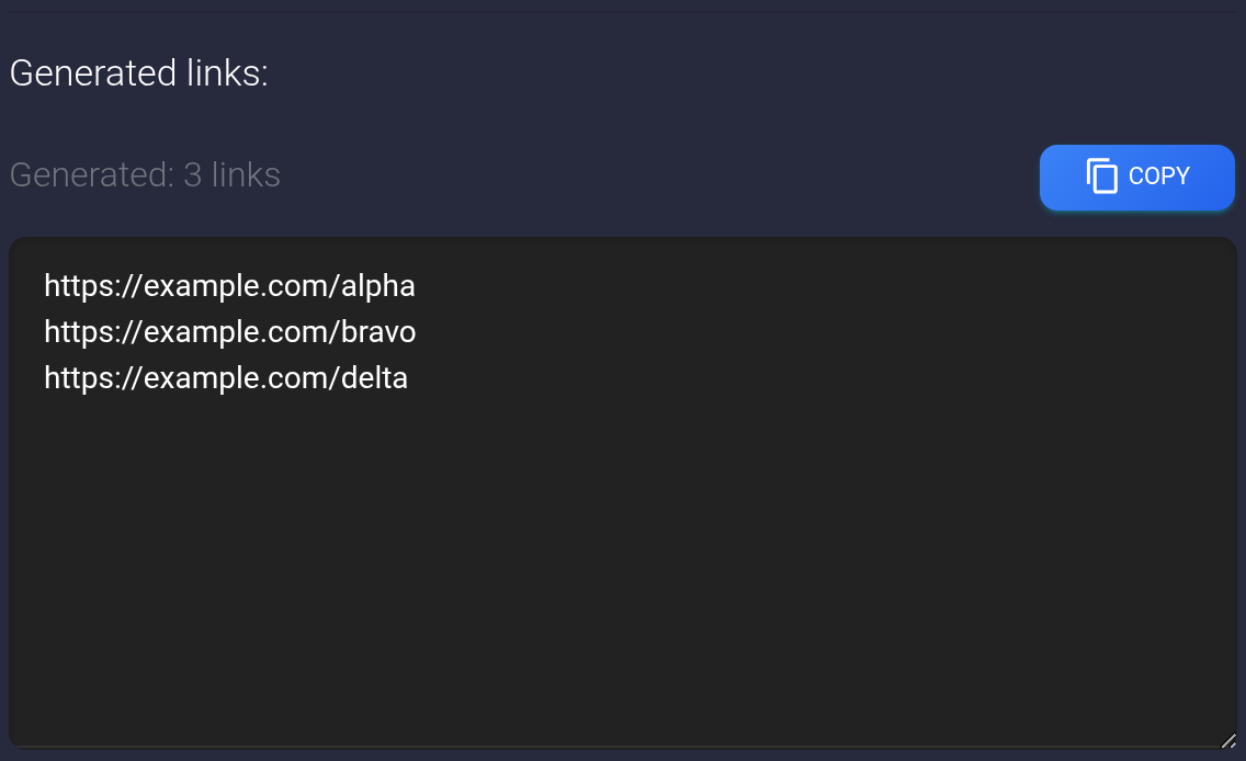 Three addresses in the generator result and the Copy button