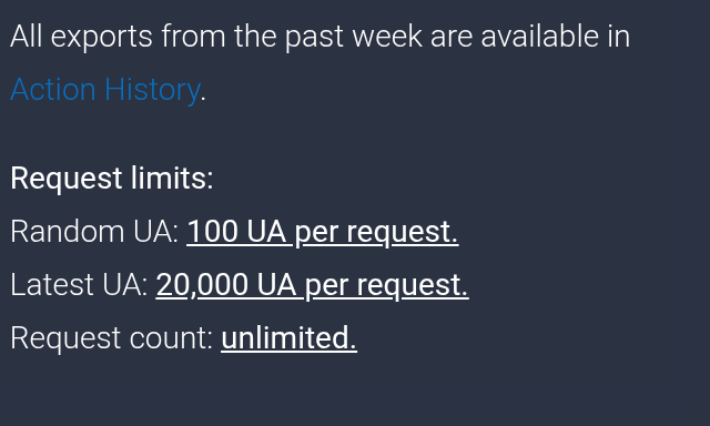 Current User-Agent retrieval limits and Action History link