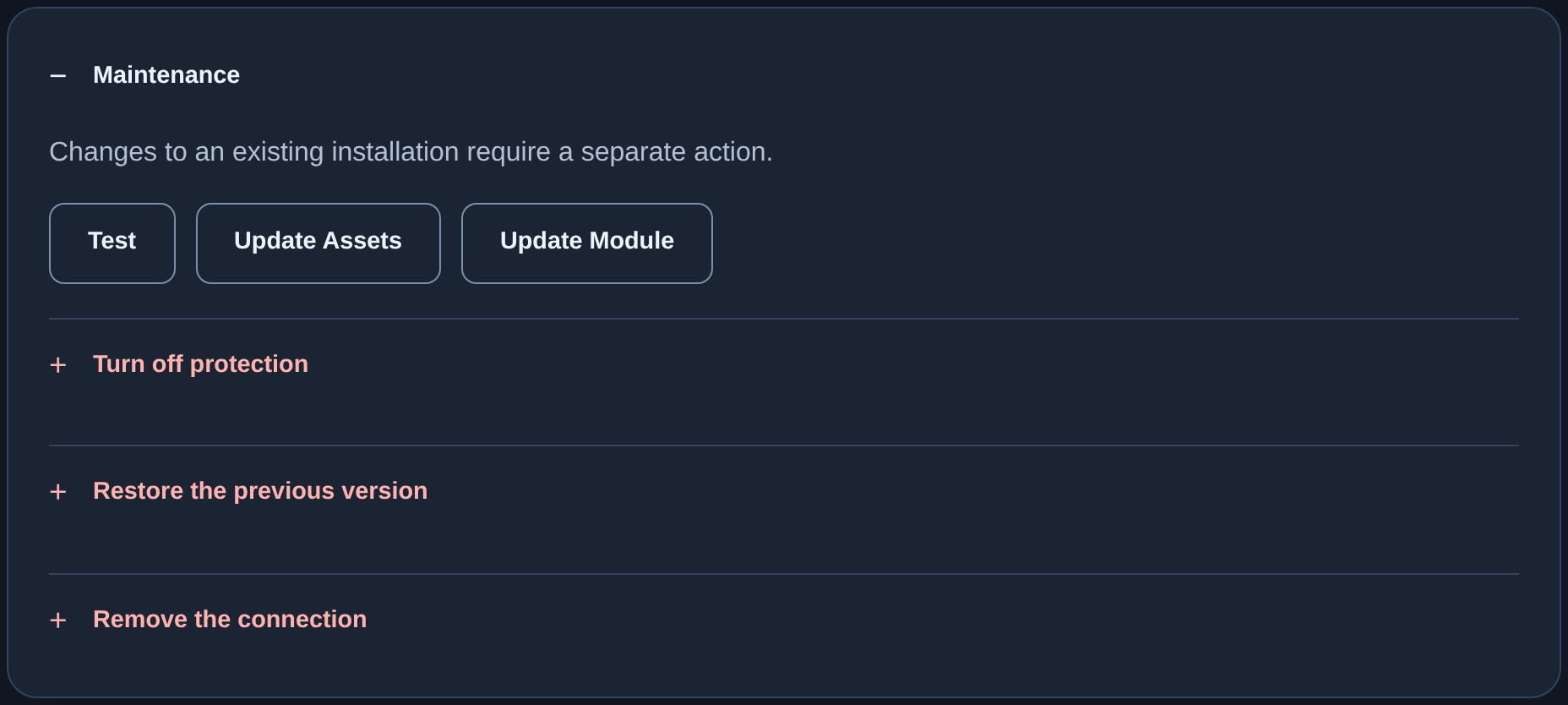 Maintenance: test, updates and expandable actions