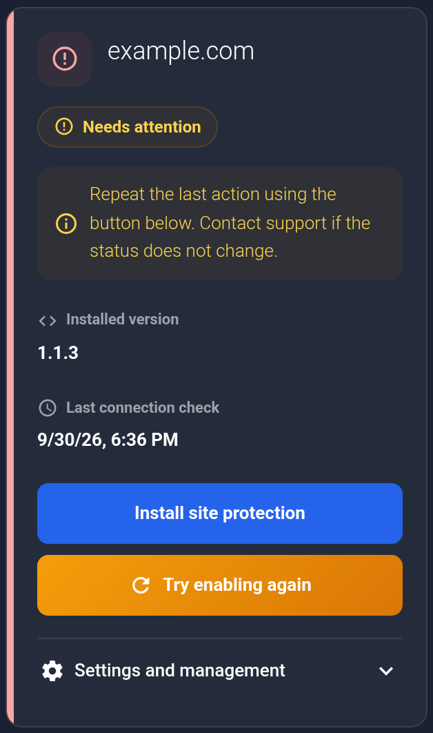 example.com card: Needs attention and Try enabling again