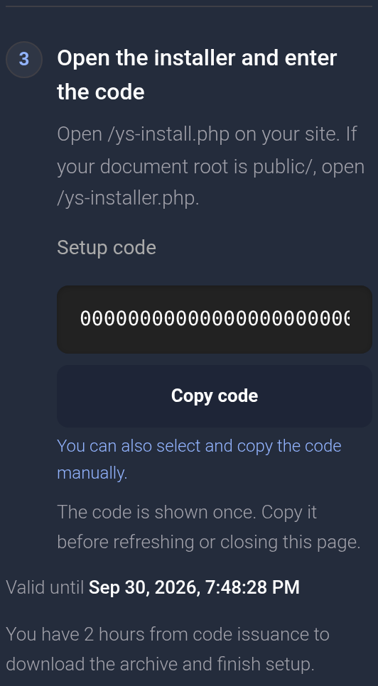 Example code, Copy code and expiry time — mobile view