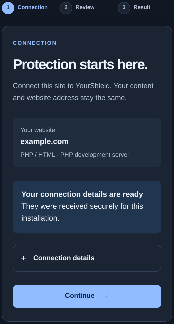 YourShield wizard unlocked for example.com — mobile view