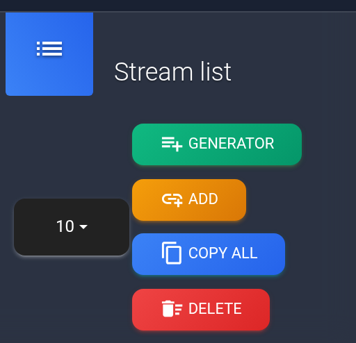 Stream list with Generator and Add buttons — mobile