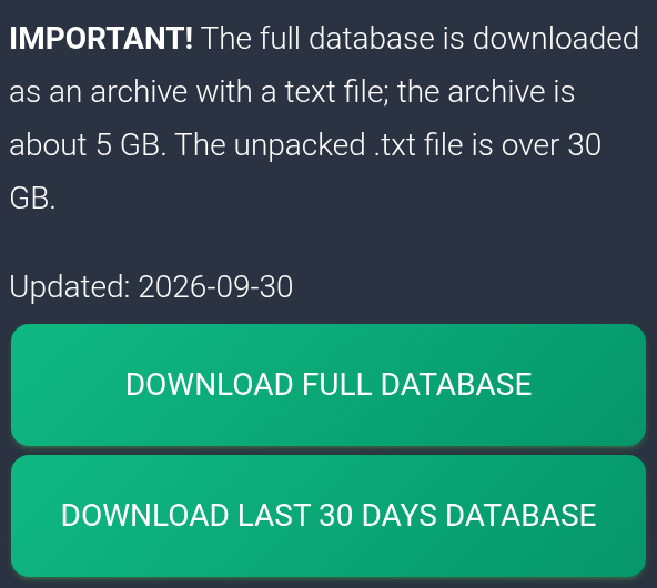 Original full database and last 30 days download buttons with the size warning