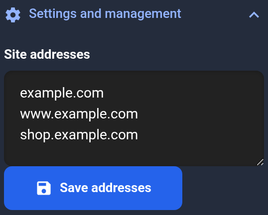 Edit site addresses and click Save addresses — mobile view