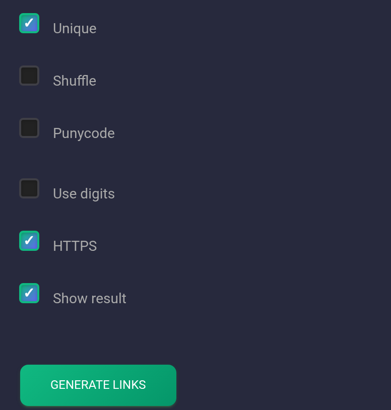 Unique, HTTPS and Show result enabled — mobile