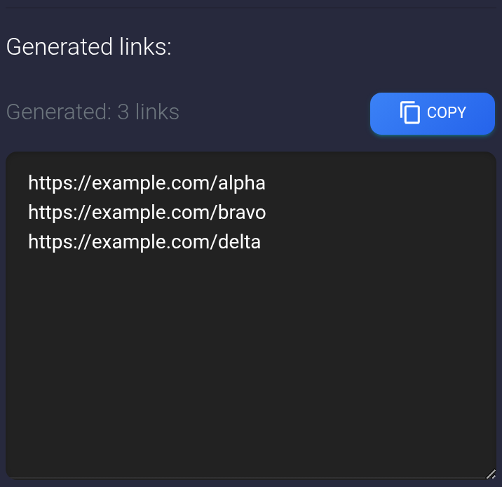 Three addresses in the generator result and the Copy button — mobile