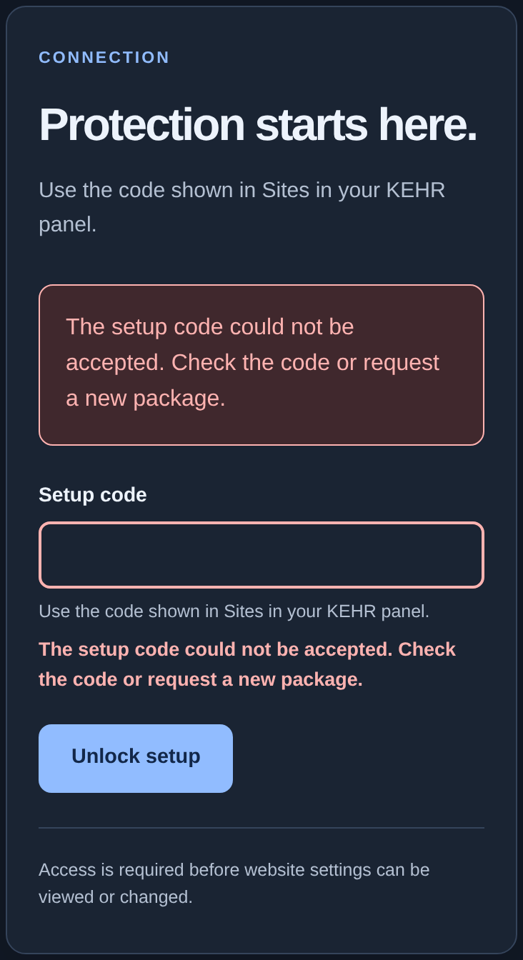 Installer: setup code rejected, field and error message