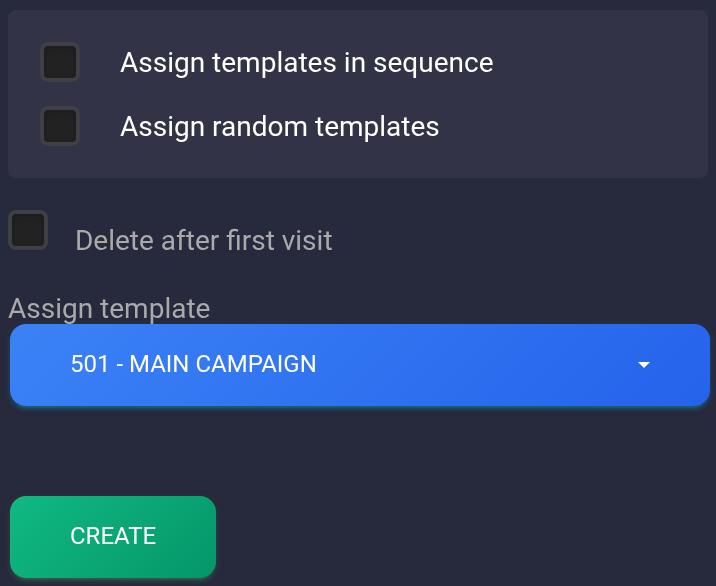 Template 501, reusable link and Create button — mobile