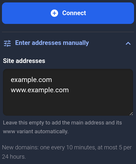 Addresses example.com and www.example.com before connecting — mobile view