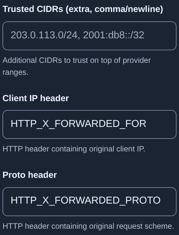 Trusted CIDRs, client IP header and protocol header settings