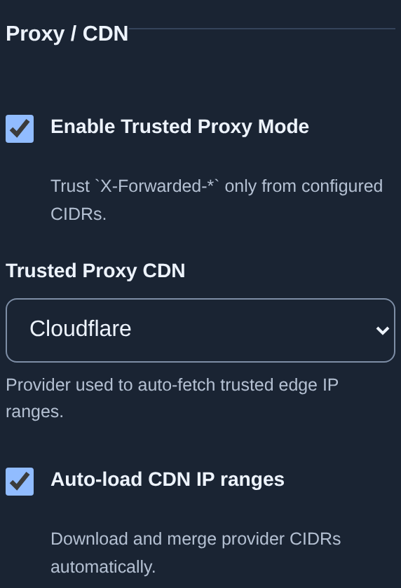 Proxy / CDN: trusted mode, Cloudflare and automatic IP ranges