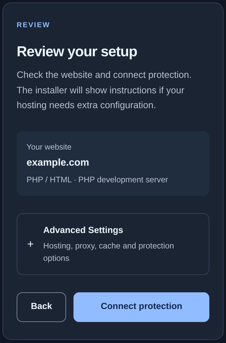 Review your setup and Connect protection button — mobile view