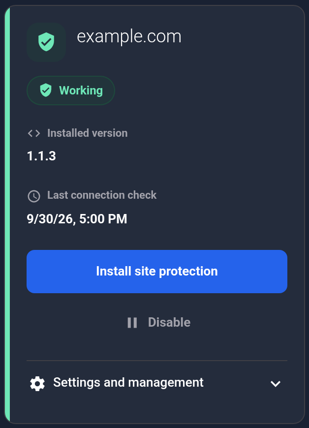 example.com card: Working and Disable button