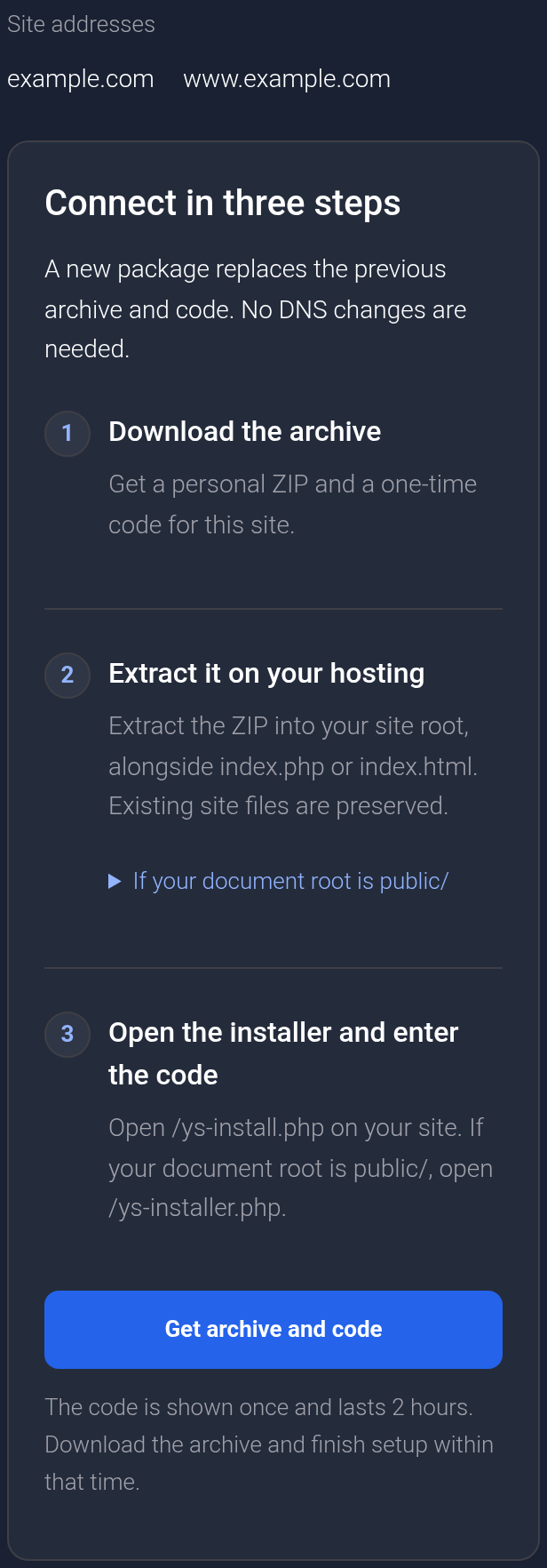 Three connection steps and Get archive and code button — mobile view