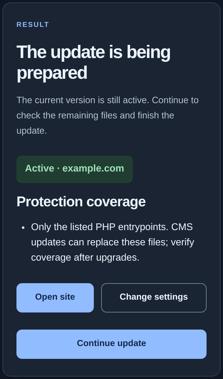 Wizard: The update is being prepared and Continue update