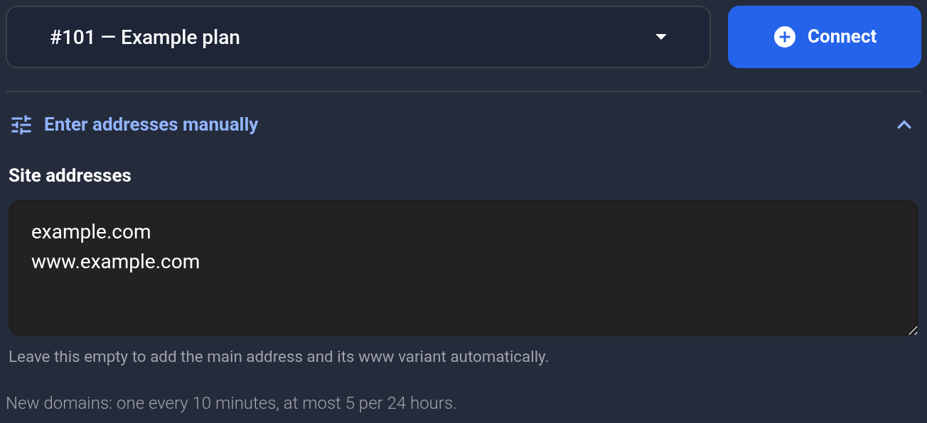 Addresses example.com and www.example.com before connecting