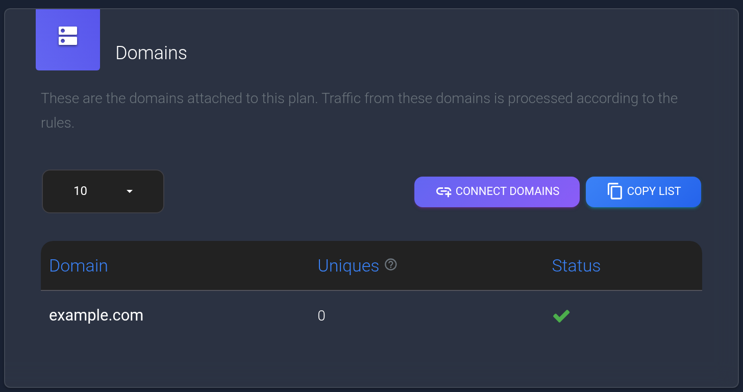 The overview of plan #101 lists the connected example.com.