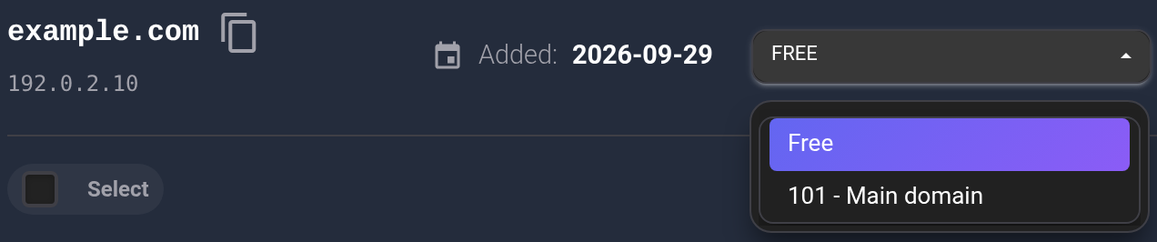 The plan list is open: Free means unassigned; example plan #101 has the comment Main domain.