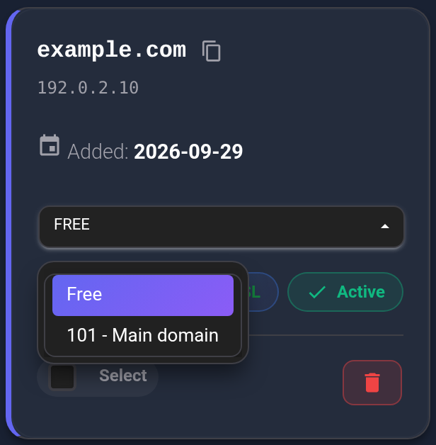 The plan list is open: Free means unassigned; example plan #101 has the comment Main domain.