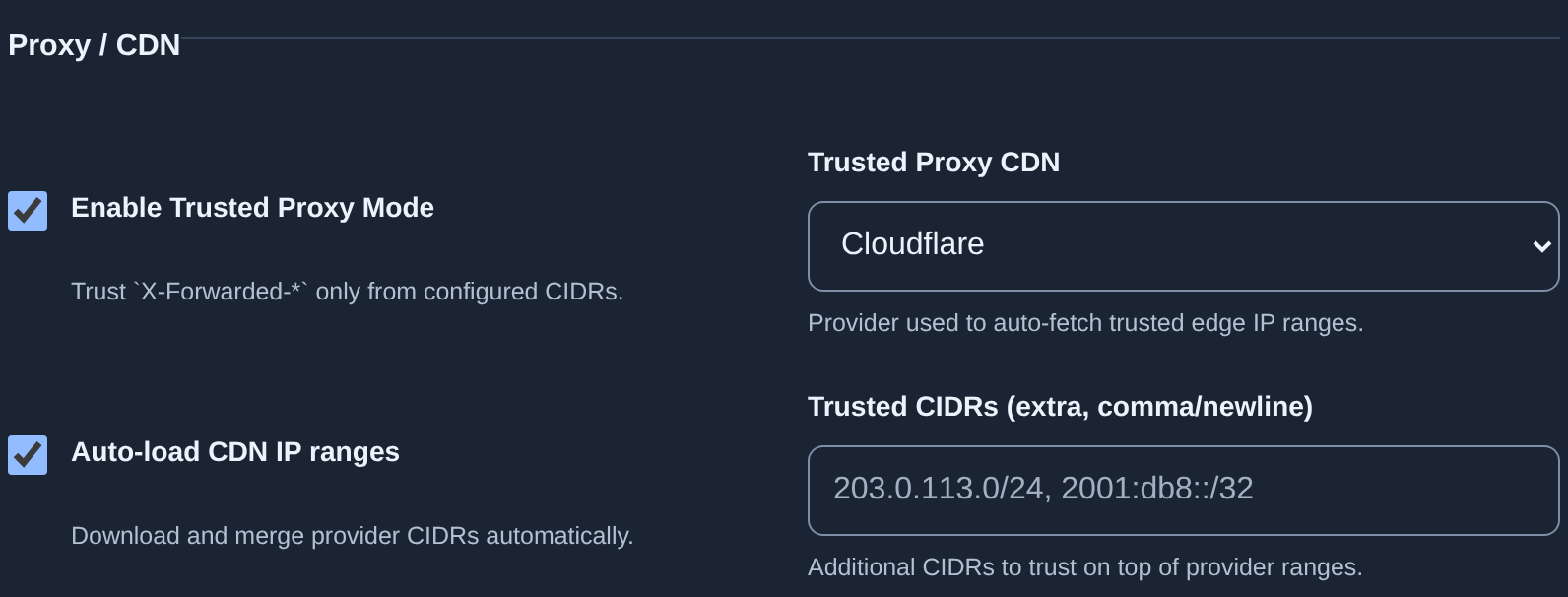 Proxy / CDN: trusted mode, Cloudflare and automatic IP ranges
