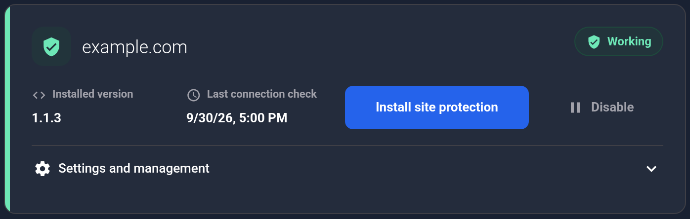 example.com card: Working and Disable button