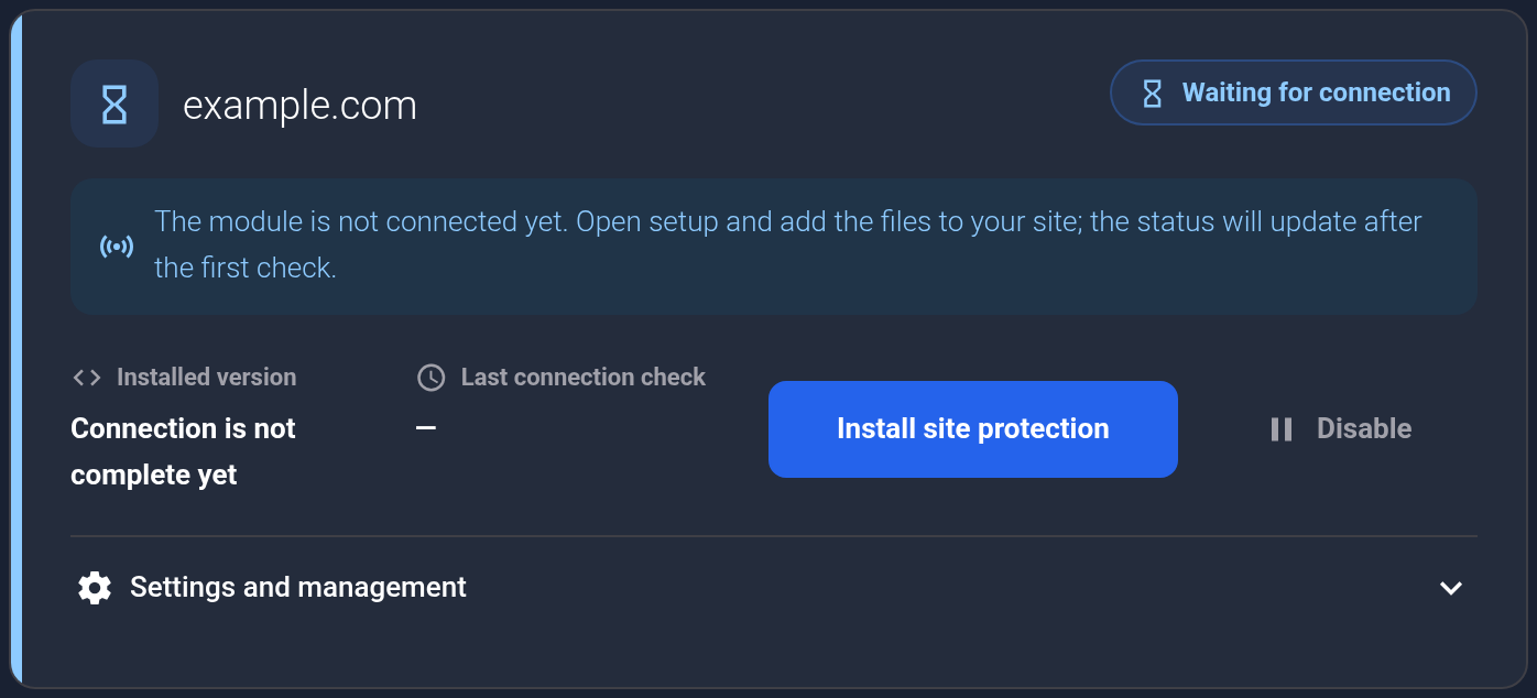 The example.com card is waiting for the module connection