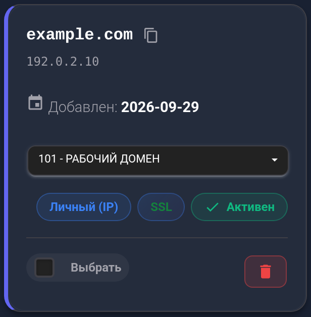 После сохранения и повторного открытия страницы домен остаётся привязан к тарифу №101.