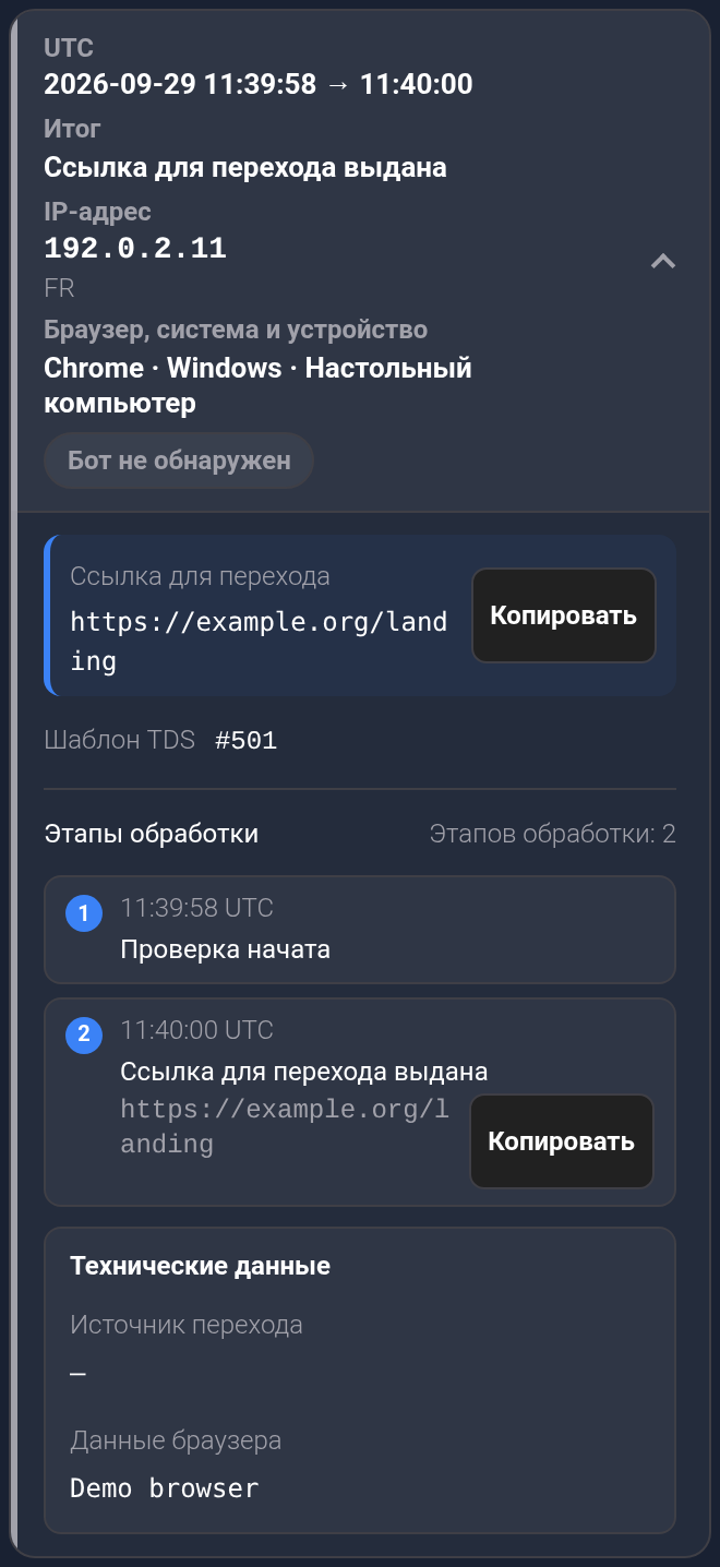 Раскрытое посещение: итог, ссылка, два этапа обработки и технические подробности