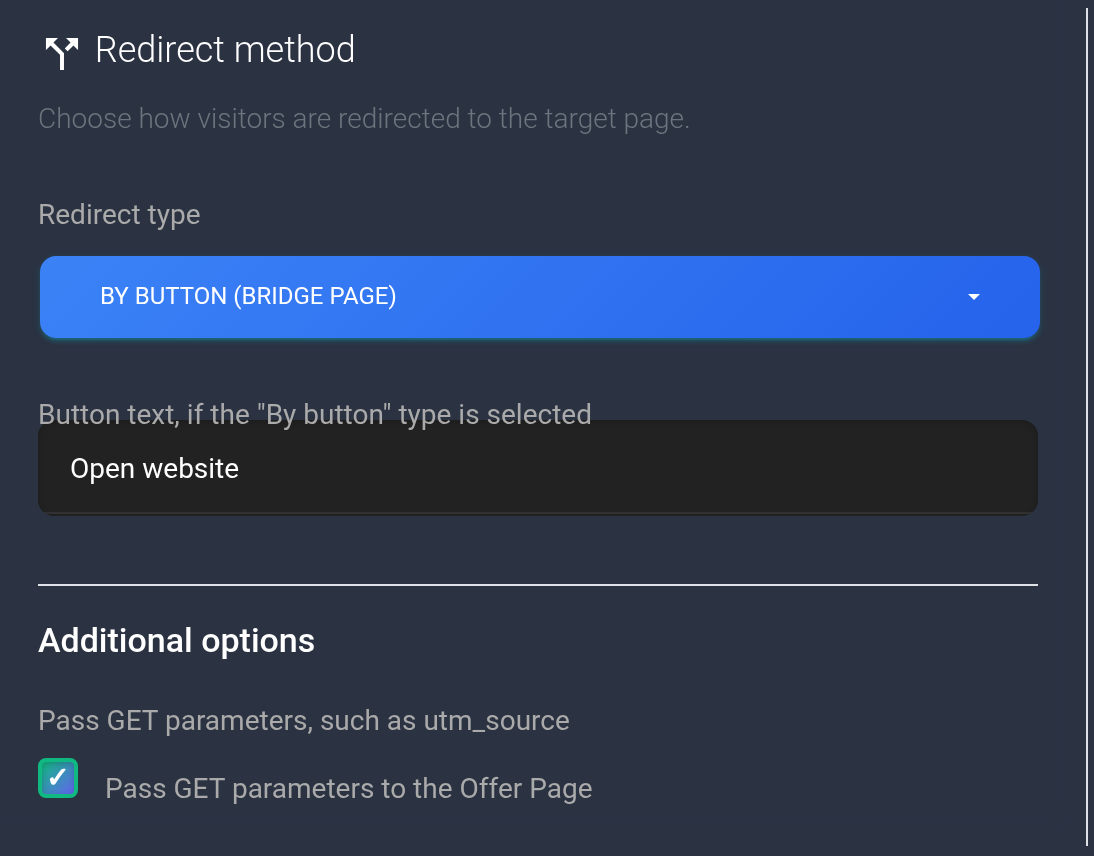 By button method, Open website text and GET forwarding