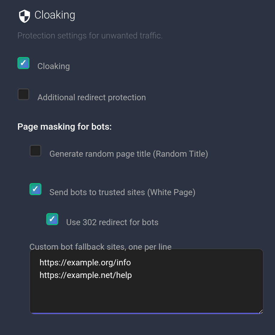 Cloaking, bot diversion, 302 and example White Page URLs