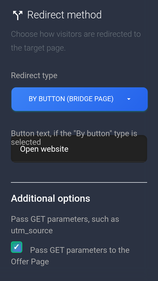 By button method, Open website text and GET forwarding