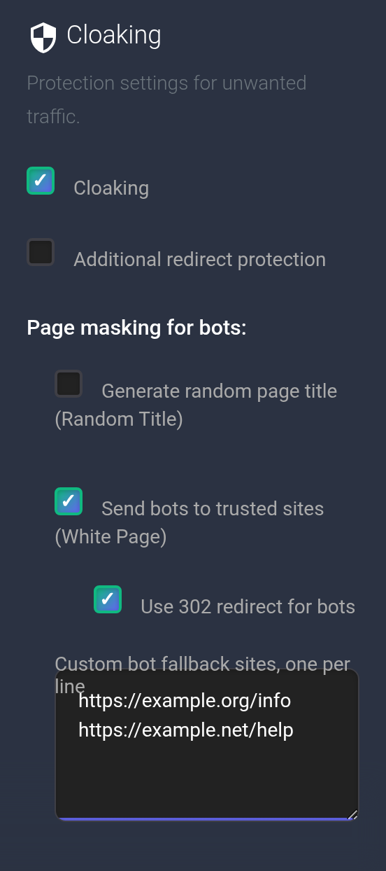 Cloaking, bot diversion, 302 and example White Page URLs